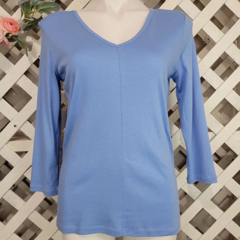 Elliott Lauren Blue V Neck 3/4 Sleeve Blouse Size Small